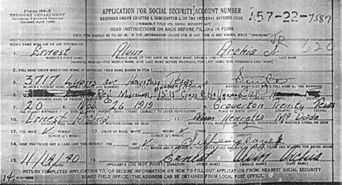 Tom Archia's Social Security application, 1940