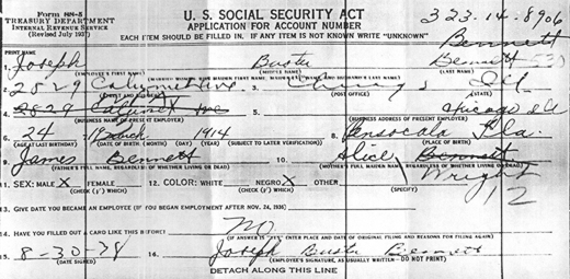 Joseph Buster Bennett's application for Social Security, August 30, 1938