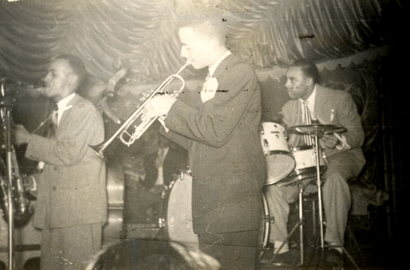 Claude, Ed, and drummer; Pershing Ballroom Fall 1948