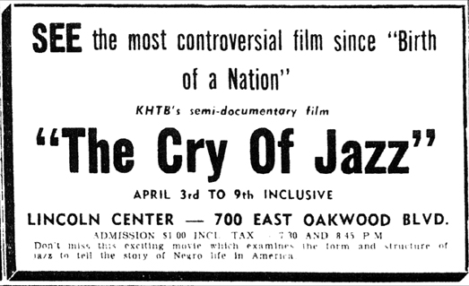 Ad for the first showing of The Cry of Jazz