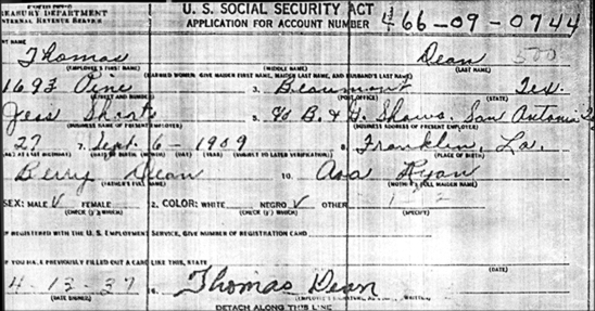 Tommy Dean's application for a Social Security Card