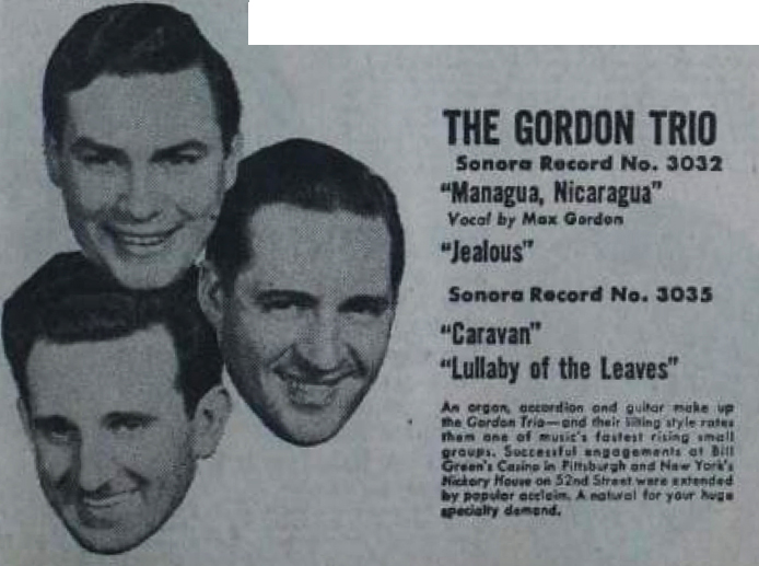 Max Gordon Trio, Sonora ad, February 1, 1947