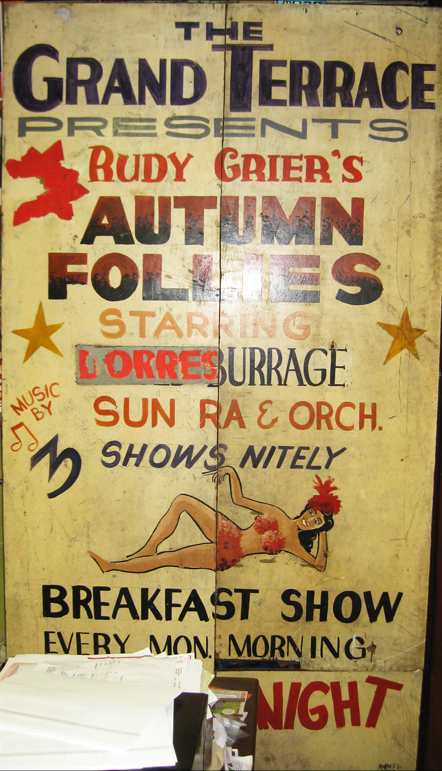 Sign board from the Grand Terrace for Rudy Crier, Harold Burrage, and Sun Ra