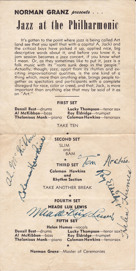 JATP program, Victoria, BC, c. December 16, 1945, autographed