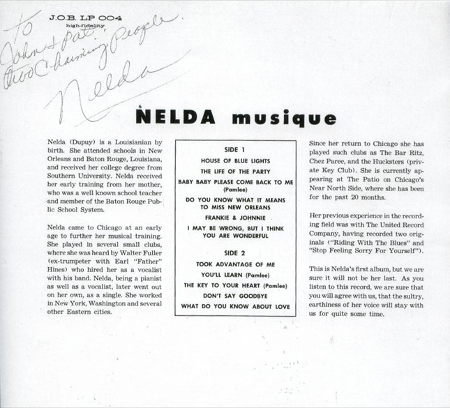 Nelda Dupuy, Musique, back cover of JOB LP 004