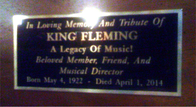Plaque on King Fleming's piano