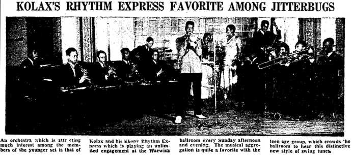 King Kolax band at the Warwick ballroom, Chicago Defender, September 24, 1938