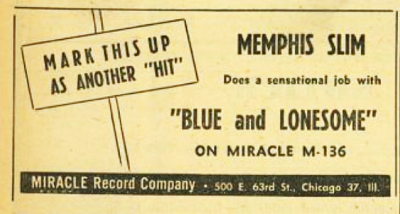 Memphis Slim on Miracle 136, ad from Billboard, October 1, 1949, p. 40