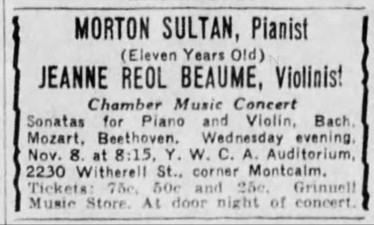 Morton Sultan appearance, November 8, 1933