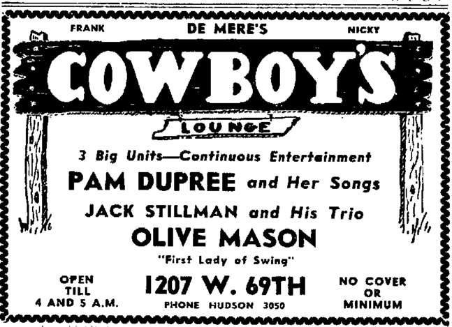 Olive Mason at Cowboy's Lounge, May 22, 1946