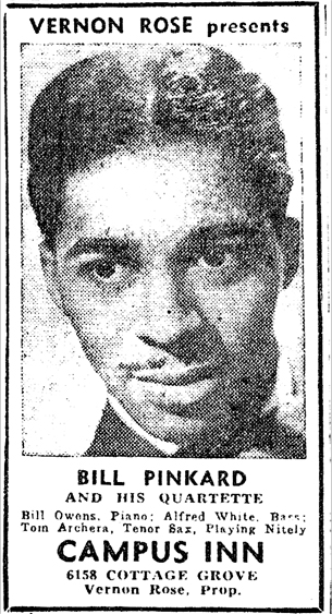 Bill Pinkard at Campus Lounge, Chicago Defender, September 30, 1944, p. 10