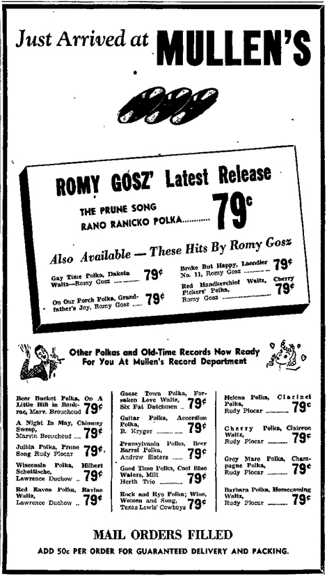 Mullen's Record Store ad, Sheboygan Press, March 19, 1947