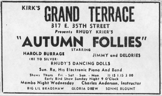 Sun Ra in Grand Terrace ad, October 1, 1955